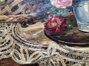 Niet of onleesbaar gesigneerd - Prachtig heel groot stilleven - vaas bloemen op kanten kleed. kopen? Bied vanaf 10!