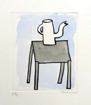 Klaas Gubbels - ets met aquarel ingekleurd - ‘Kan op tafel’ verkocht voor € 245!