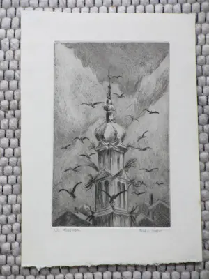 Dick van Luijn - Vogels rond kerktoren - Ets kopen? Bied vanaf 45!