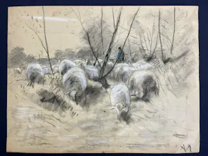 Anton Mauve (sr.) - Schapenherder met kudde schapen in winters landschap tussen bomen kopen? Bied vanaf 320!