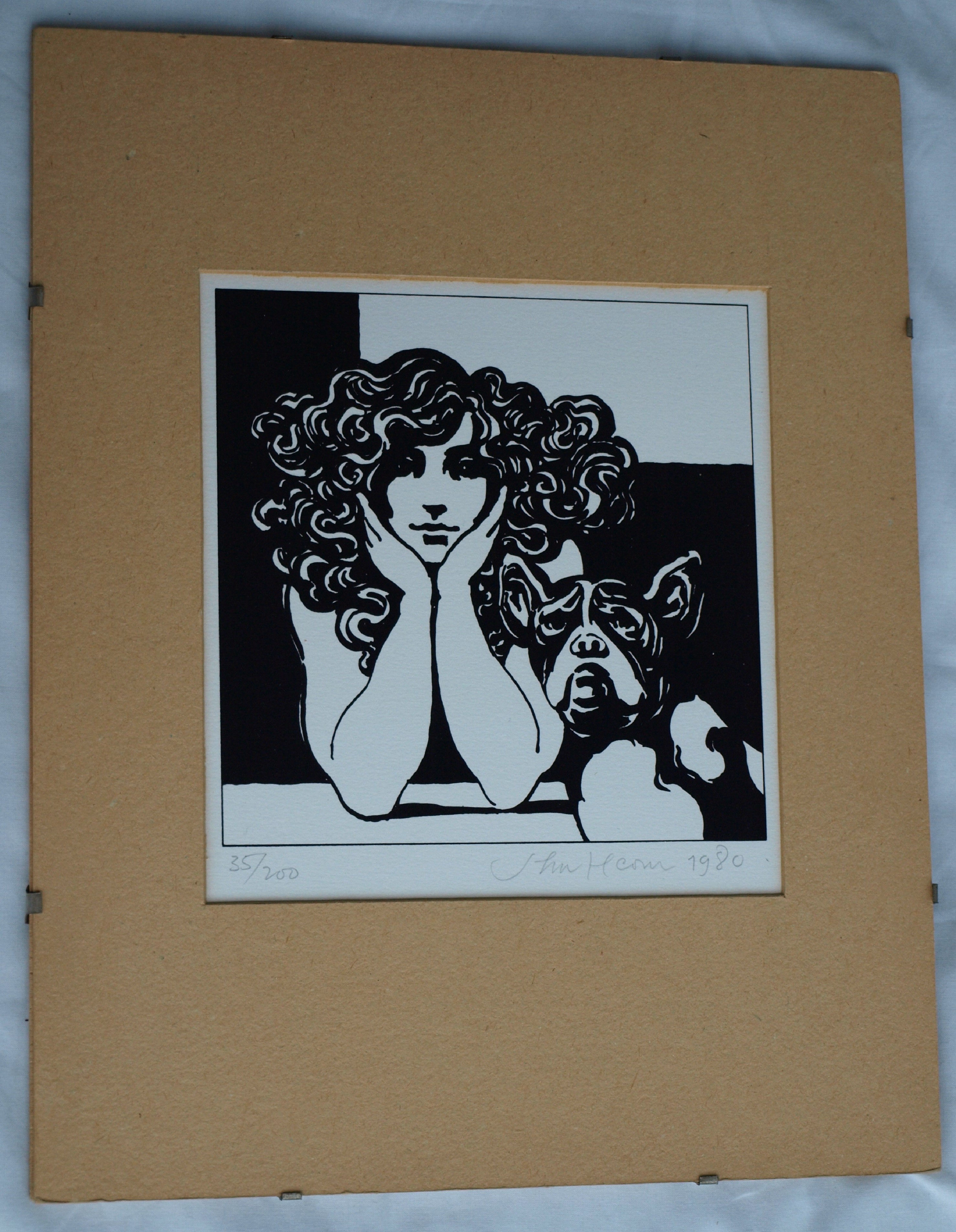 Niet of onleesbaar gesigneerd - Onduidelijke signatuur - Zeefdruk , Vrouw met hond - 1980 kopen? Bied vanaf 1!