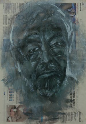 Wim de Bruin - Krantenpapier met gemengde techniek, Maarten van Rossem - Ingelijst kopen? Bied vanaf 1!