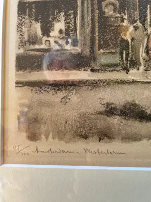 Roger Hebbelinck - Mooie grote handgekleurde Ets "Amsterdam Westertoren" kopen? Bied vanaf 30!