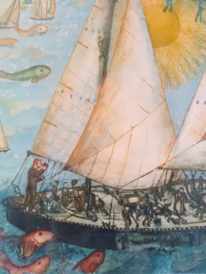 Francoise Deberdt - (1934) gedetailleerde kleurenets, 'fantoomschepen op zee' kopen? Bied vanaf 85!