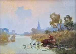 Jan Simon Knikker (jr.) - Rivierlandschap met vissersboot kopen? Bied vanaf 395!