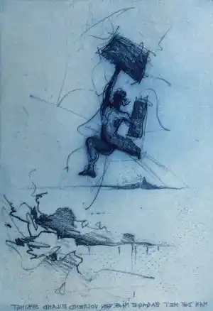 Ronald Tolman - 'Man die met bagage naar een volgend eiland springt' | 1989 (INGELIJST) verkauft für € 105!