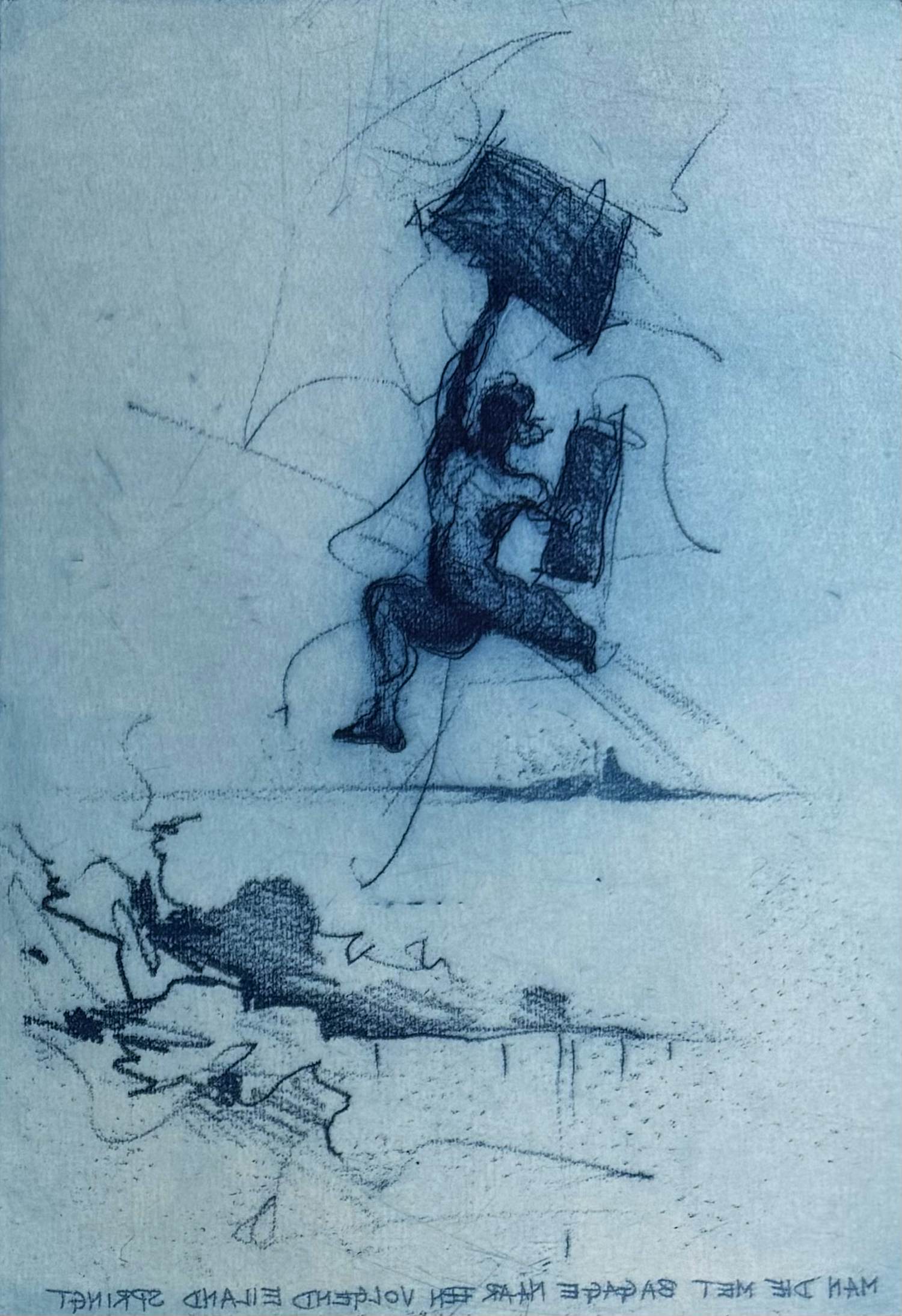 Ronald Tolman - 'Man die met bagage naar een volgend eiland springt' | 1989 (INGELIJST) verkocht voor € 120!