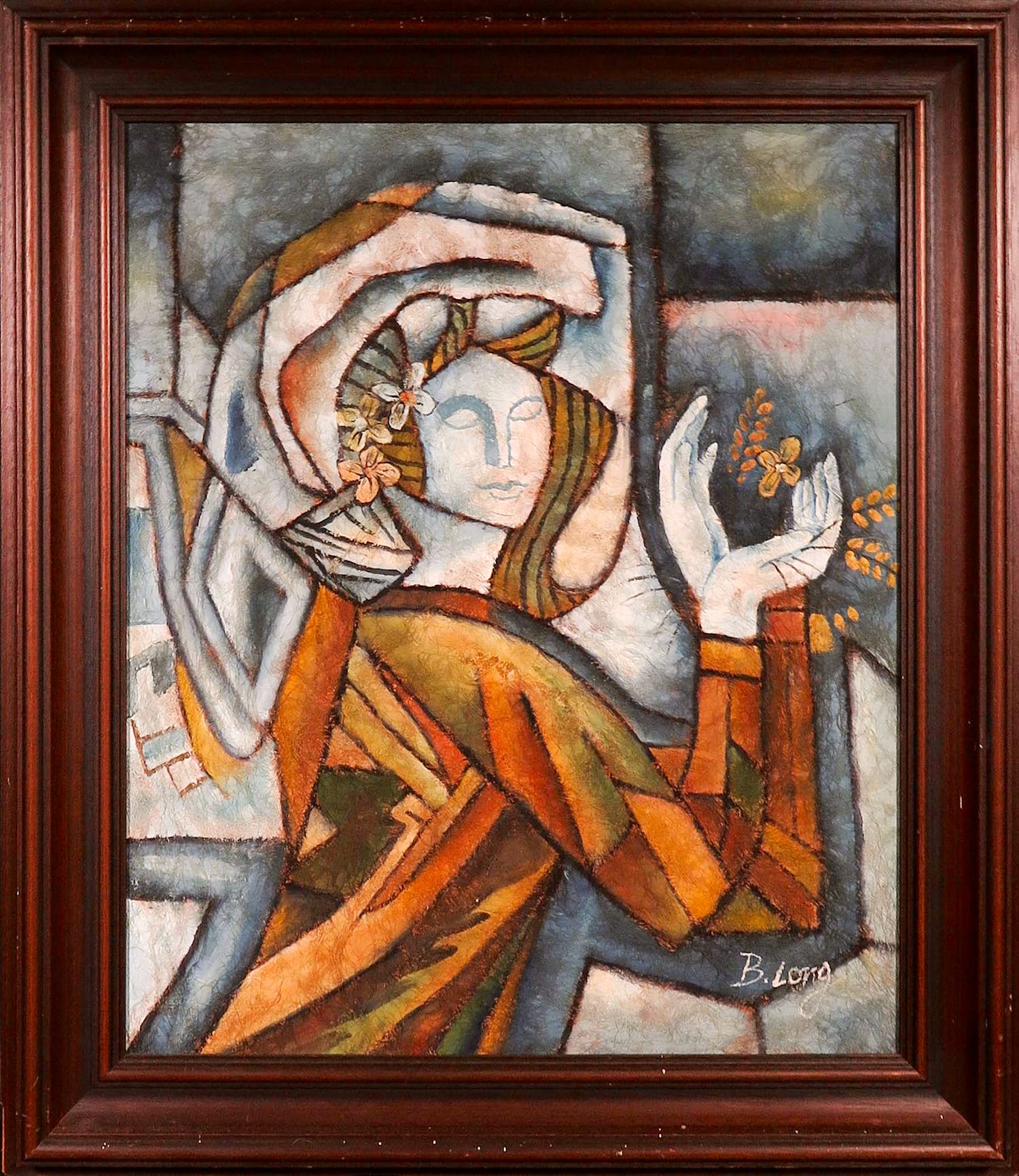 Bill Long Olieverf op kokosvezel, Engel met bloemen Ingelijst