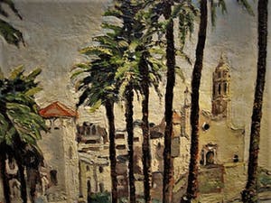 Niet of onleesbaar gesigneerd - omstreeks 1950 geschilderd olieverf "Flaneren boulevard Sitges bij Barcelona" kopen? Bied vanaf 10!