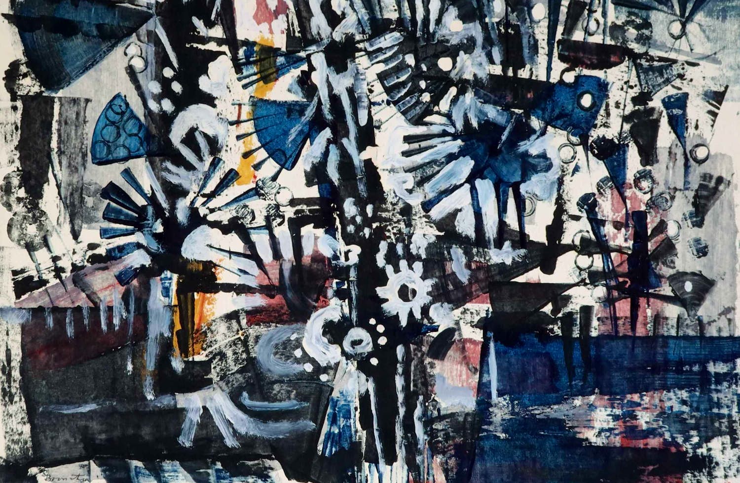 Klaas Boonstra - Gemengde techniek op papier, Abstracte compositie verkocht voor € 70!