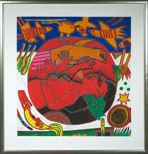 Corneille - Litho, Femme rouge et l'oiseau orange - Ingelijst (Groot) verkocht voor € 400!