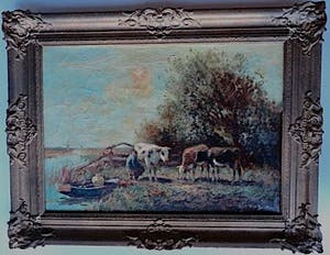 Piet Bouter - Boer melkt koeien aan 't water -Haagsche School - Leuk Tafereel -Antieke lijst kopen? Bied vanaf 299!