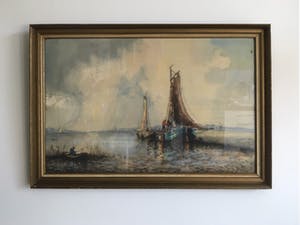 Willem Bos - Poldergezicht met boten - aquarel, houtskool en krijt kopen? Bied vanaf 1!