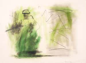 Jef Diederen - Gemengde techniek op papier, Compositie met soldaat verkocht voor € 100!