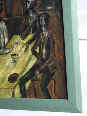 Niet of onleesbaar gesigneerd - Olieverf op board , “Aan de tafel” – gesigneerd & ingelijst kopen? Bied vanaf 10!