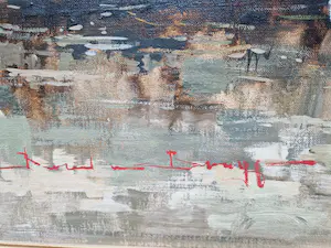 Niet of onleesbaar gesigneerd - Groot olieverf op doek "afgemeerde boten in haven" gesigneerd kopen? Bied vanaf 1!