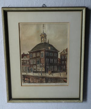 Marius Johannes Janssen - Ingelijste en ingekleurde ets , Zakkendragershuisje Schiedam – ca. 1950 kopen? Bied vanaf 35!