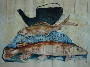 Nicola Rozemeijer - Acrylverf op papier , Vissen op ijs – GROOT - ingelijst - 1997 kopen? Bied vanaf 1!