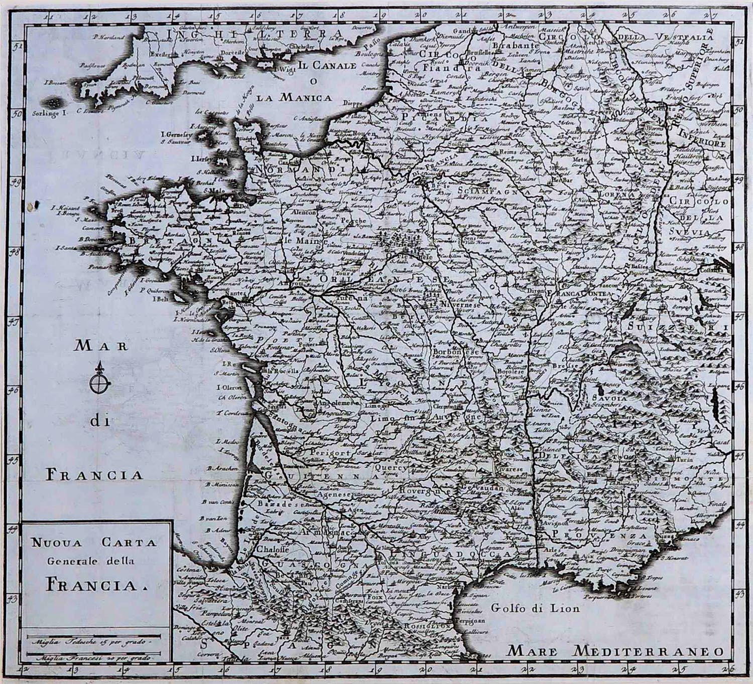Thomas Salmon - Gravure, Nuova Carta Generale della Francia 1740 verkocht voor € 1!