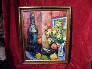 Matthieu Wiegman - Bloemenstilleven met fles en fruit - Bergense School kopen? Bied vanaf 450!