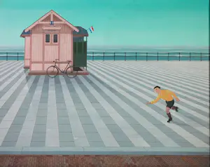Kees Balvers - Acryl op doek, Toilet met rolschaatser- Ingelijst kaufen? Bieten Sie von 80!