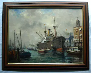 AcheterJohan Spierdijk - Ingelijst, olieverf op doek, Havengezicht Amsterdam – Lijst, 75 x 95 cm? Enchérissez de 10!
