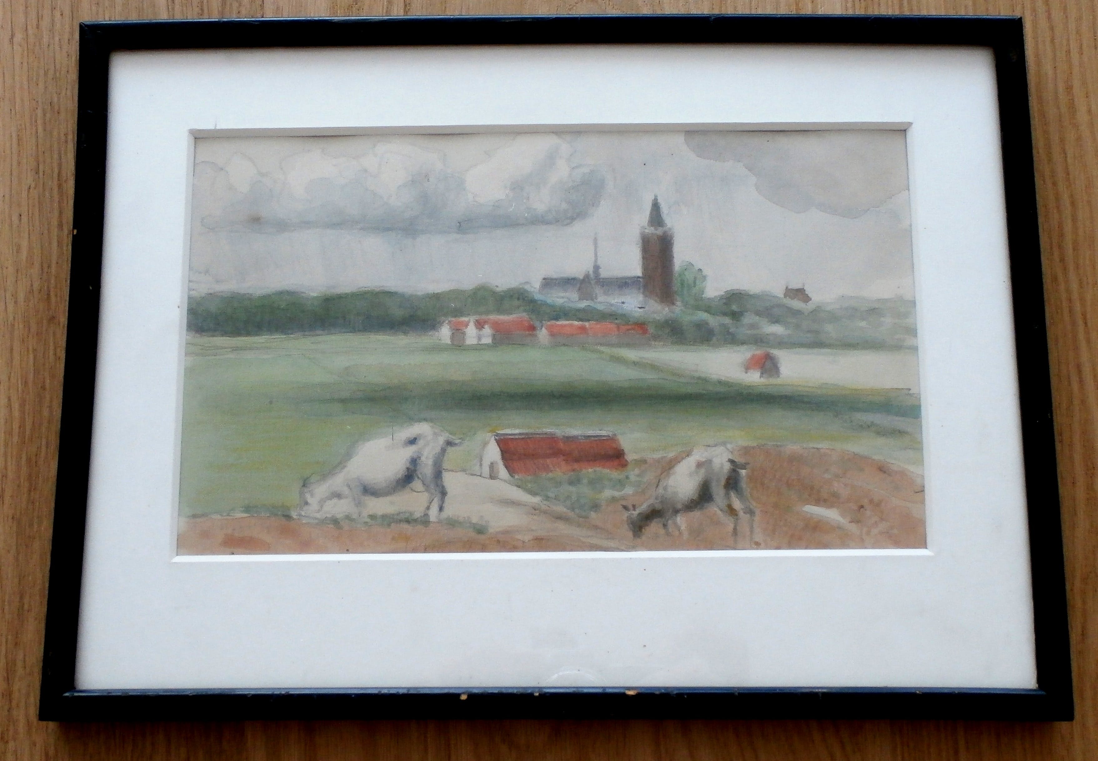 Niet of onleesbaar gesigneerd - aquarel: grazende geiten bij dorp kopen? Bied vanaf 1!