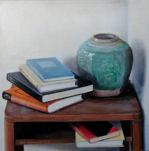 Buy Dori Schoonderwoerd - Ingelijste olieverf op doek: Stilleven met gemberpot en boeken op tafel? Bid from 499!