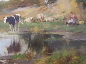 Adrianus Johannes Groenewegen - Koeien, kalf, schapen en boerin in landschap bij waterplasje kopen? Bied vanaf 250!