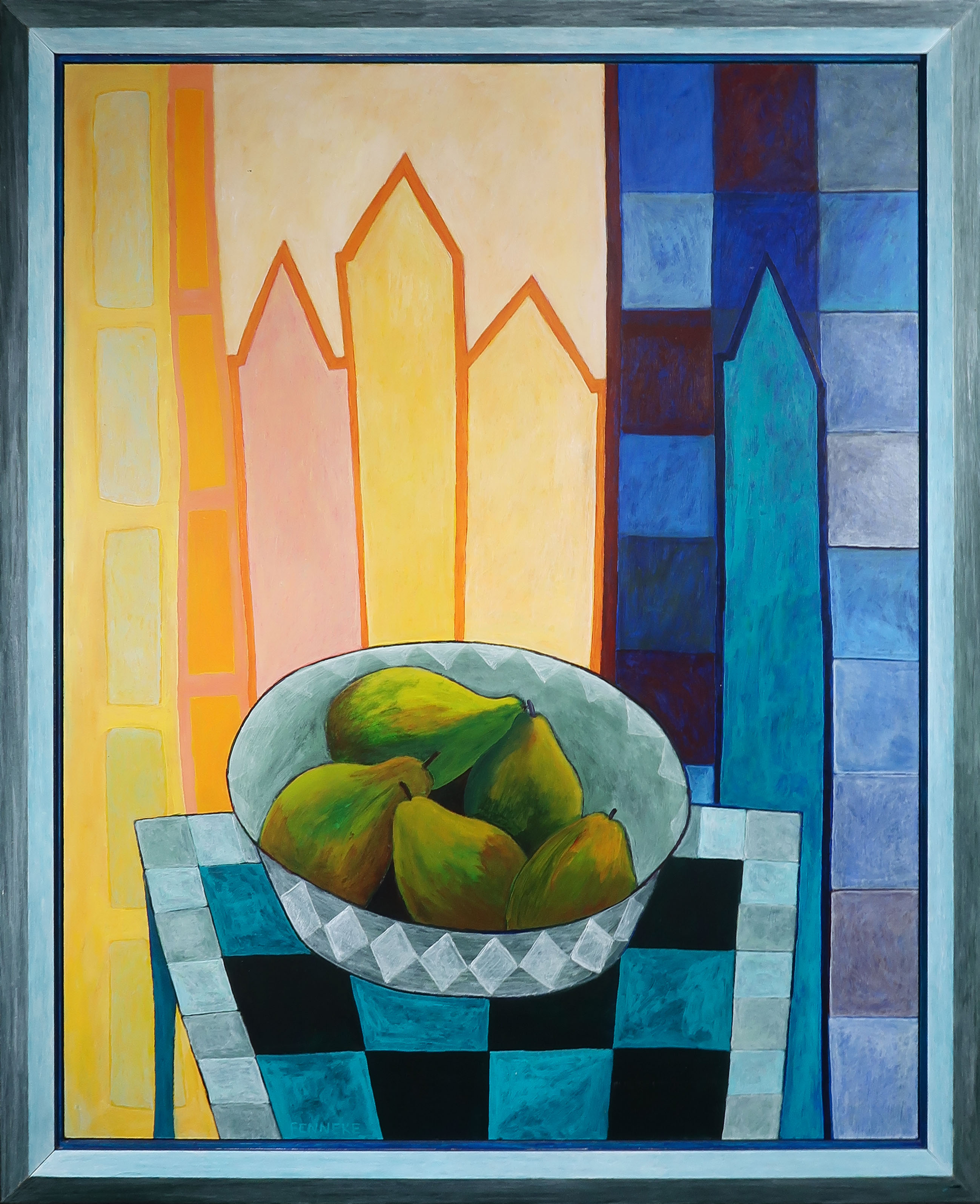 Fenneke van der Elst - Acryl op board, Schaal met peren - Ingelijst (Groot) kopen? Bied vanaf 100!