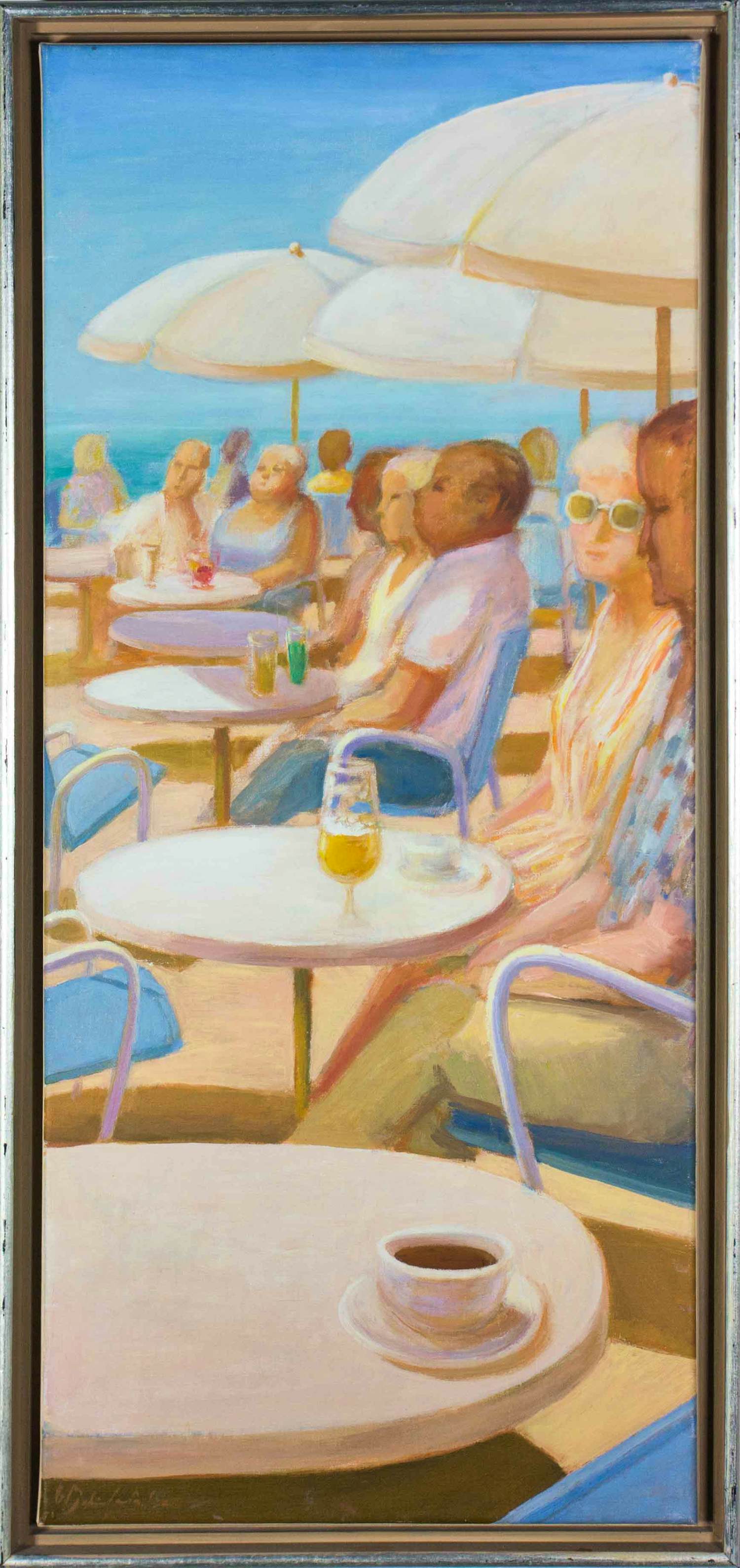 Willy Belinfante - Olieverf op doek, Onder de parasol met uitkijk op het water - Ingelijst kopen? Bied vanaf 200!