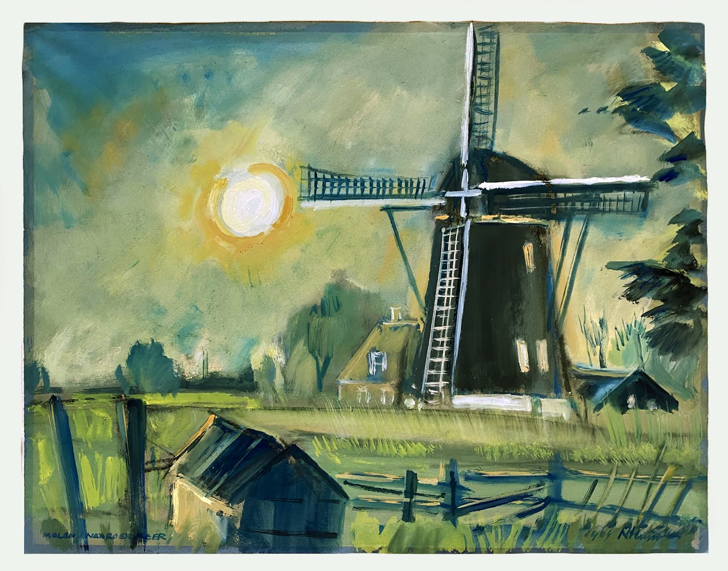 Nico Huppes - gemengde techniek - 'Molen de Onrust' - Naardermeer verkocht voor € 75!