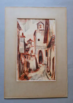Arnout Colnot - Fraaie omstreeks 1930 gemaakte roodkrijt tekening "dorpsgezicht" gesigneerd kaufen? Bieten Sie von 60!
