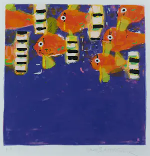 Gino Sauerbier - Zeefdruk, Vissen tegen paarse achtergrond - Ingelijst kopen? Bied vanaf 80!