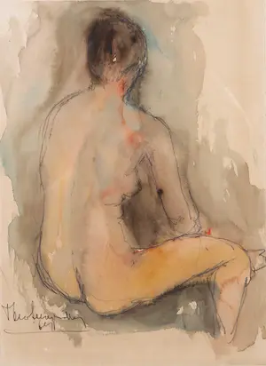 Theo Swagemakers - Aquarel/pentekening, Zittend naakt - Ingelijst kopen? Bied vanaf 1!