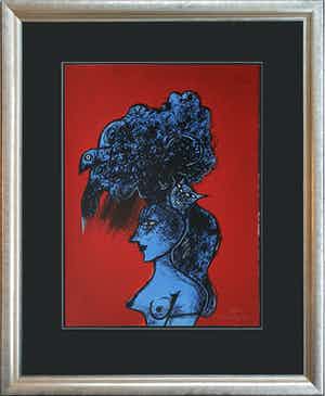 Corneille - "Femme, chat et oiseau" - Groot - Imposant ingelijst (nieuw) verkocht voor € 690!