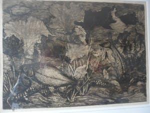 Jan Schonk - Ets, Titel,"Vissen in aquarium". grote ets. kopen? Bied vanaf 45!