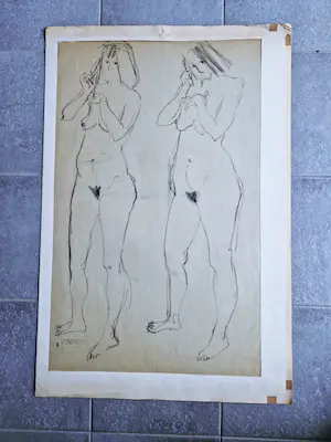 Wout Maters - Beeldhouwer - Grote 1964 houtskool tekening staand vrouwelijk naakt gesigneerd kopen? Bied vanaf 37!