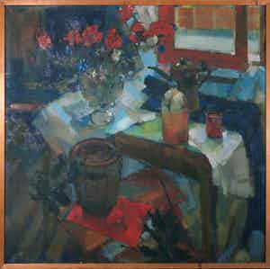 Dick van 't Wout - Olieverf op doek, Stilleven - Ingelijst verkocht voor € 100!