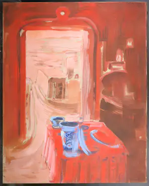 Eveline Visser - Olieverf op doek, Lichtblauw stilleven in rood interieur (Groot) kopen? Bied vanaf 100!