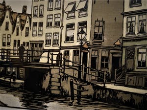 Henri Wils - handgekleurde houtgravure - Rotterdam Delftsche vaart - gesigneerd kopen? Bied vanaf 37!