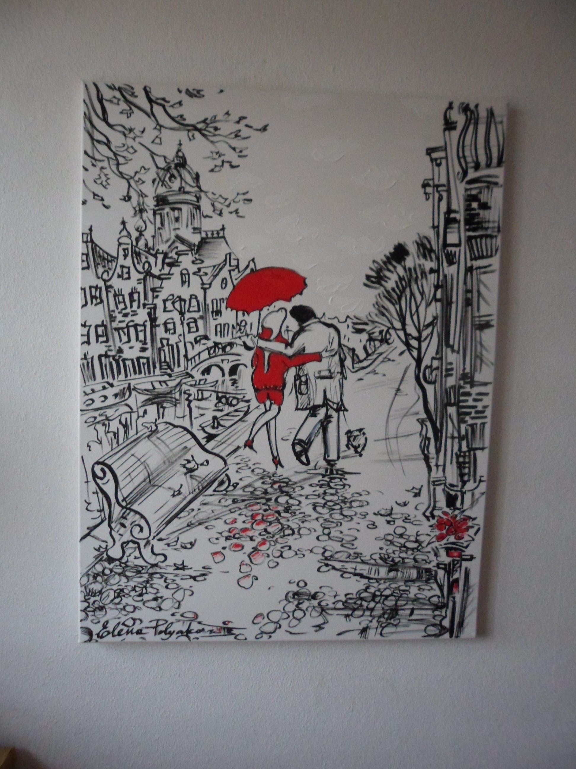 Elena Polyakova - Acrylverf op doek: titel "Een verliefd paar in Amsterdam  verkocht voor € 80!