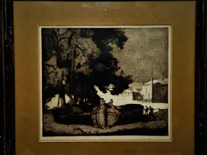 Frank Brangwyn - Fraaie droge naald Ets "Bootwerf bij Brugge" in originele lijst / gesigneerd kopen? Bied vanaf 58!
