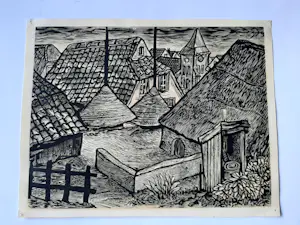 Lou Strik - 2 Houtsnede, Short People gesigneerd, dorpsgezicht druk gesigneerd. kopen? Bied vanaf 40!