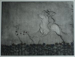 Wim Worm - Ets , Hijgend hert – ingelijst 63 x 88 cm – 1980 - oplage 15 ex. kopen? Bied vanaf 10!