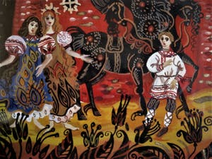 Niet of onleesbaar gesigneerd - Expressionistisch Russisch Aquarel "figuren voor Kathedraal" gesigneerd kopen? Bied vanaf 1!