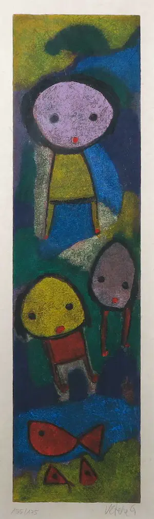 Giovanni Vetere - Zeefdruk, Eenoudergezin bij vissen - Ingelijst kopen? Bied vanaf 40!