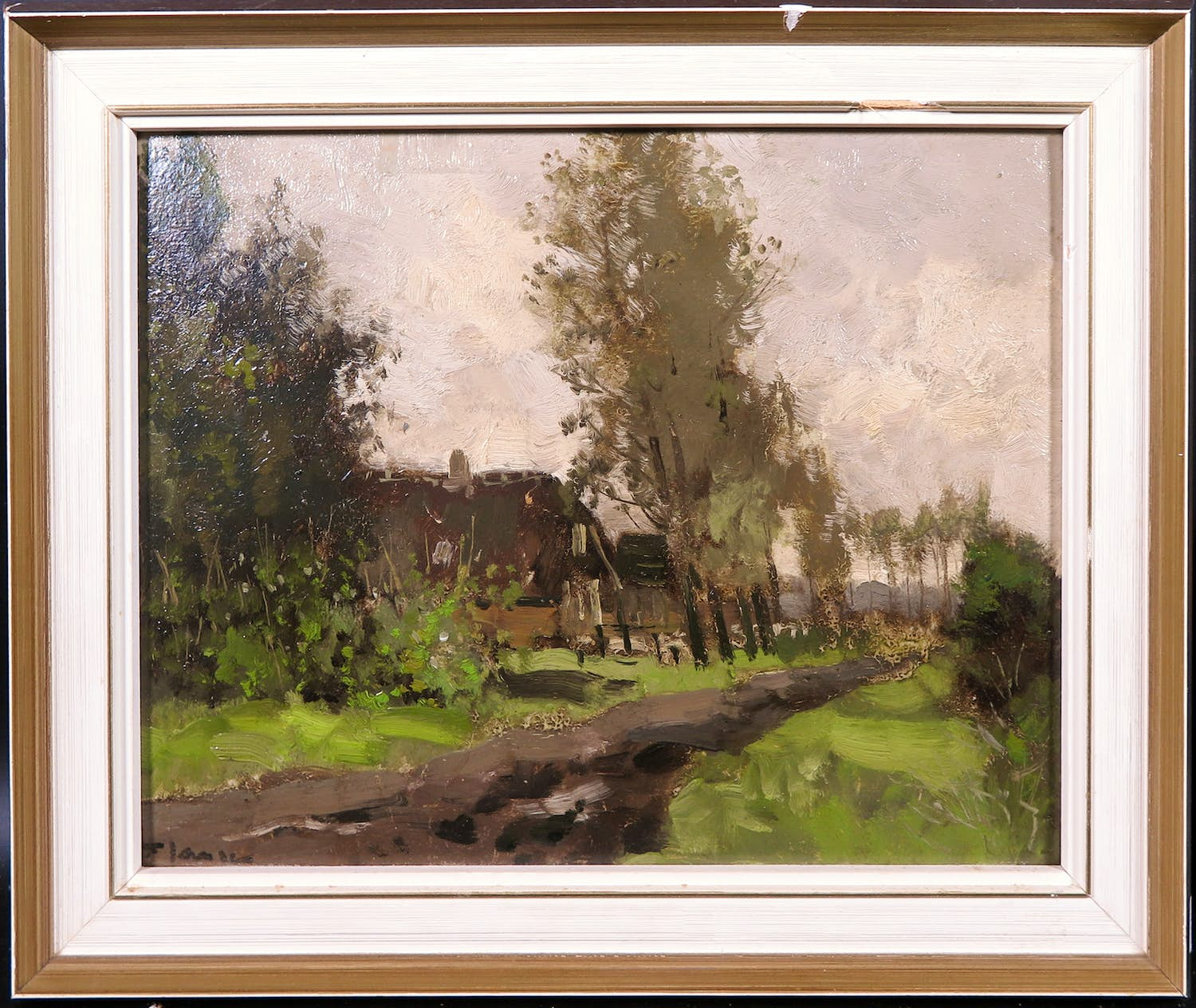 Buy Willem G.F. Jansen - Olieverf op board, Boerderijen aan een landweg - Ingelijst? Bid from 150!