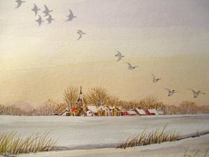 Ari Stolk - Winterlandschap dorpje, molen en vogels kopen? Bied vanaf 30!