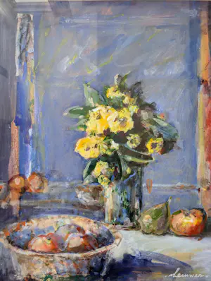 Wil van Leeuwen - STILLEVEN MET GELE BLOEMEN EN VRUCHTEN IN SCHAAL kopen? Bied vanaf 20!